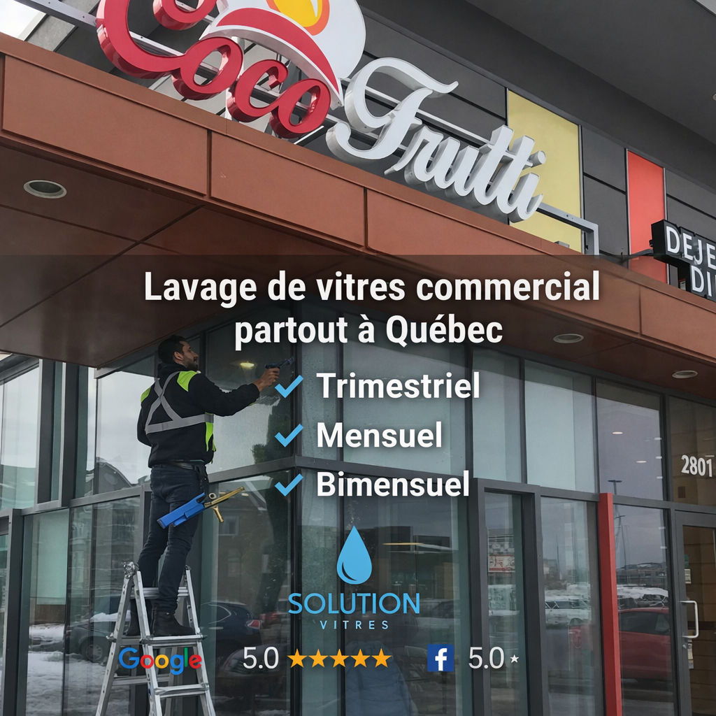 Storefront window cleaner on a building with “Lavage de vitres commercial partout à Québec” text overlay