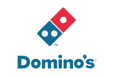 Logo de Domino's avec l'icône de domino bleue et rouge au-dessus du nom de la marque