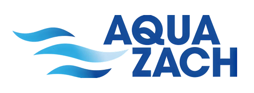 Logo bleu « AQUA ZACH » avec des motifs de vagues stylisés sur fond blanc