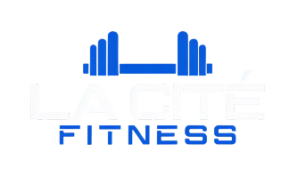Logo d'haltère bleue avec le mot « FITNESS » sur fond blanc