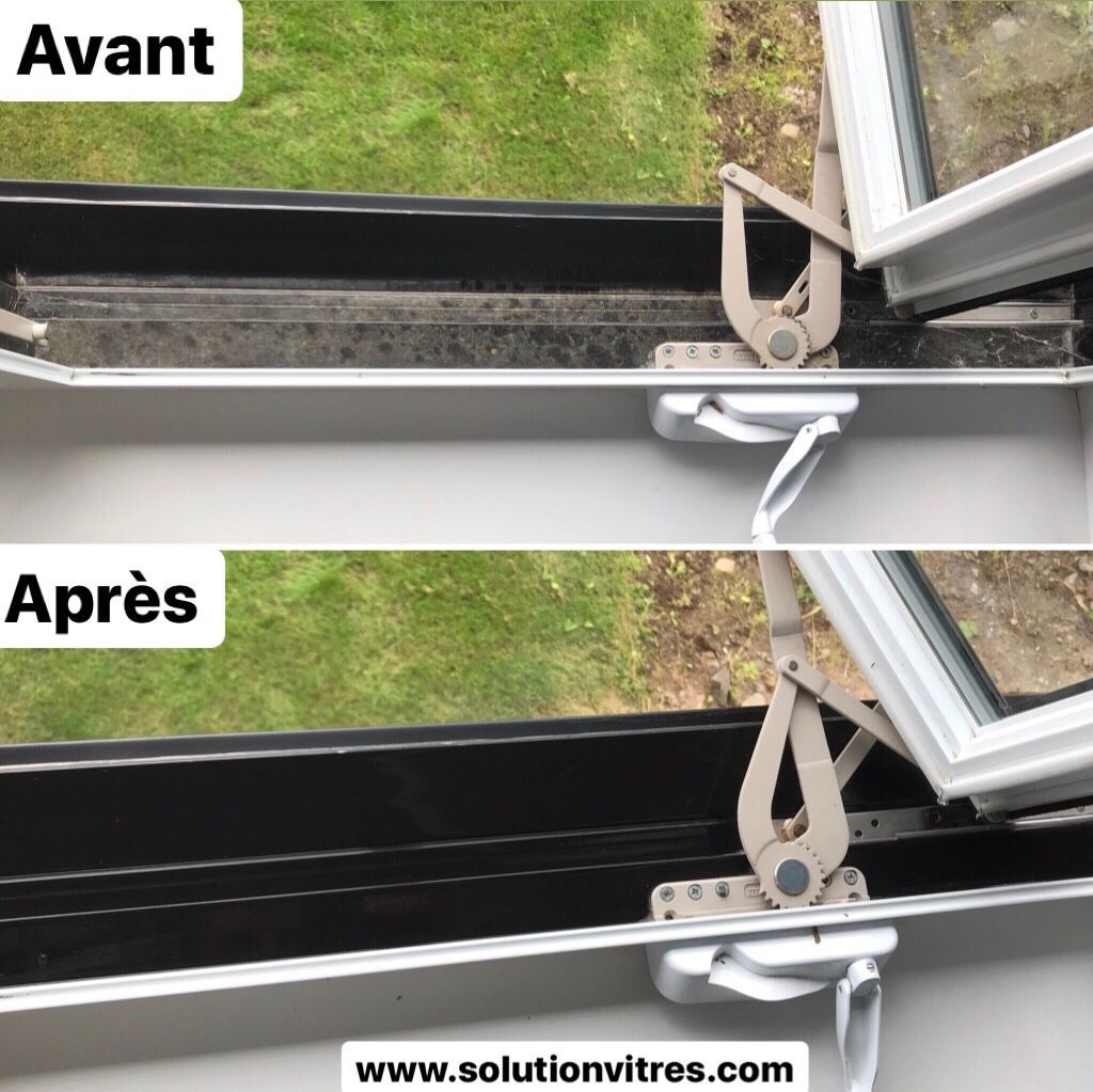 Avant et après la réparation et la peinture d'un appui de fenêtre noir, la fenêtre étant ouverte au-dessus.