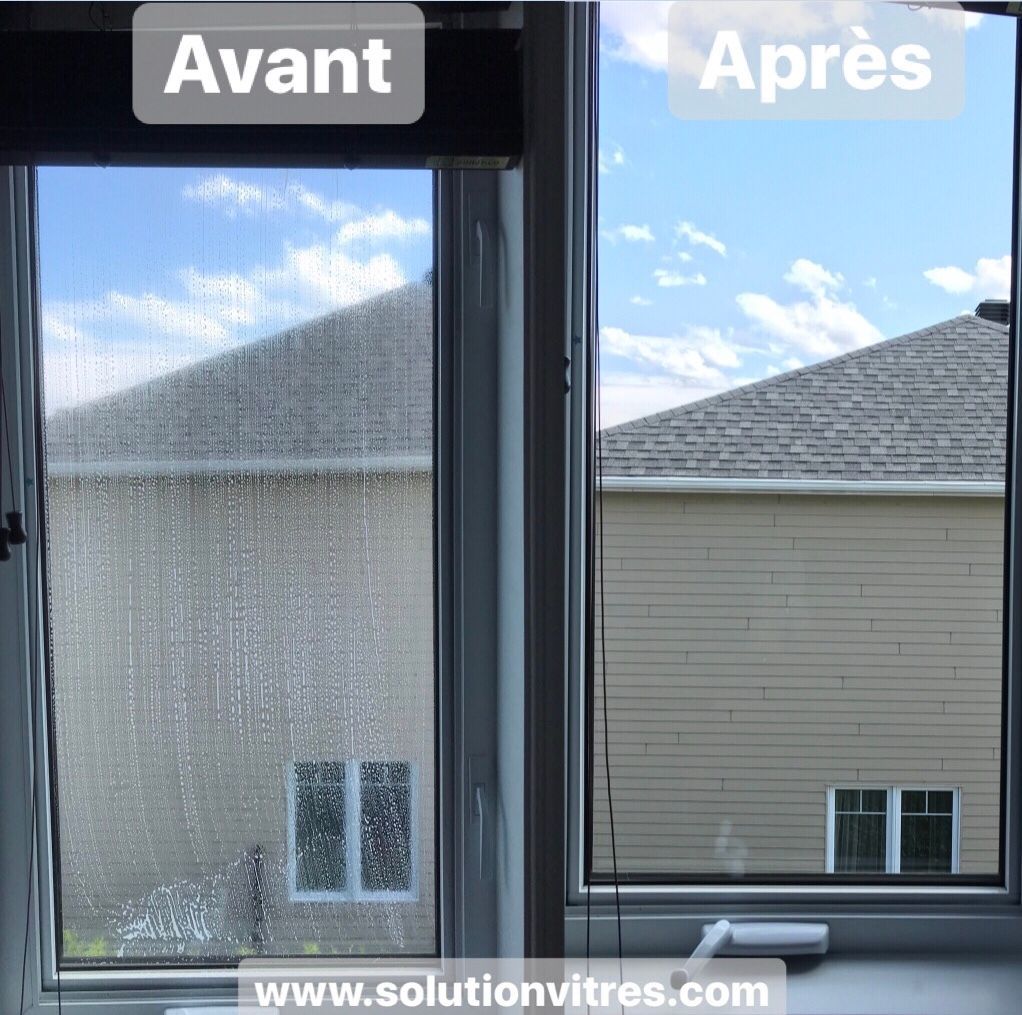 Avant/après d’une fenêtre avec vitrage texturé, montrant un intérieur plus clair et une vue extérieure améliorée.