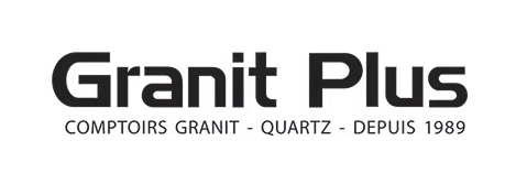 Logo Granit Plus avec texte noir et slogan gris : « Comptoirs granit - quartz - depuis 1989 »