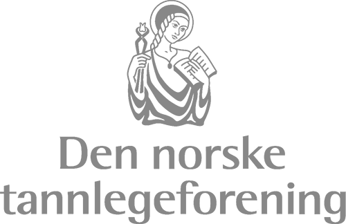 The logo for den norske tannlegeforening shows a woman holding a book.