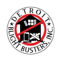 Detroit Blight Busters logo: a house with a red no-symbol, encircled by 