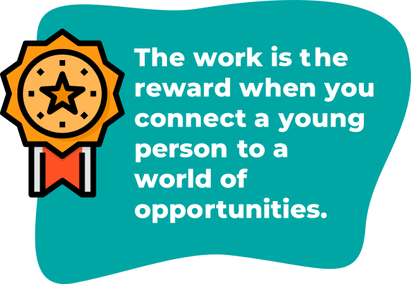 A gold medal and a teal background with white text that reads: 