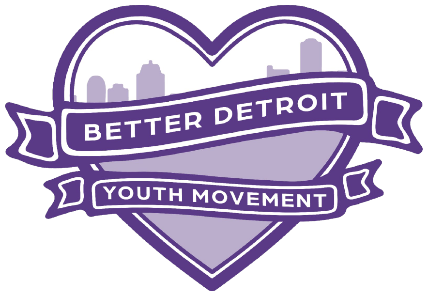 Logo for Better Detroit Youth Movement, purple heart and cityscape, text 