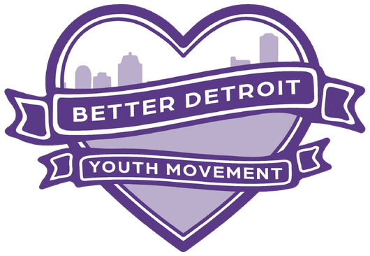 Logo for Better Detroit Youth Movement, purple heart and cityscape, text 