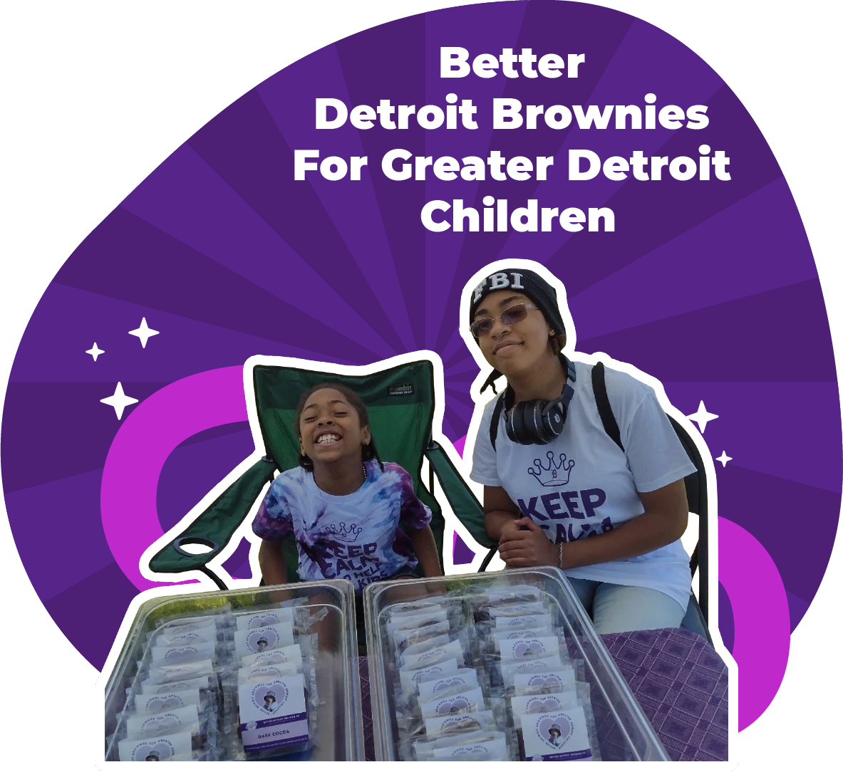 Two people selling brownies for charity. Purple accents with text 
