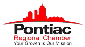 Logo for Pontiac Regional Chamber: red skyline above black text 