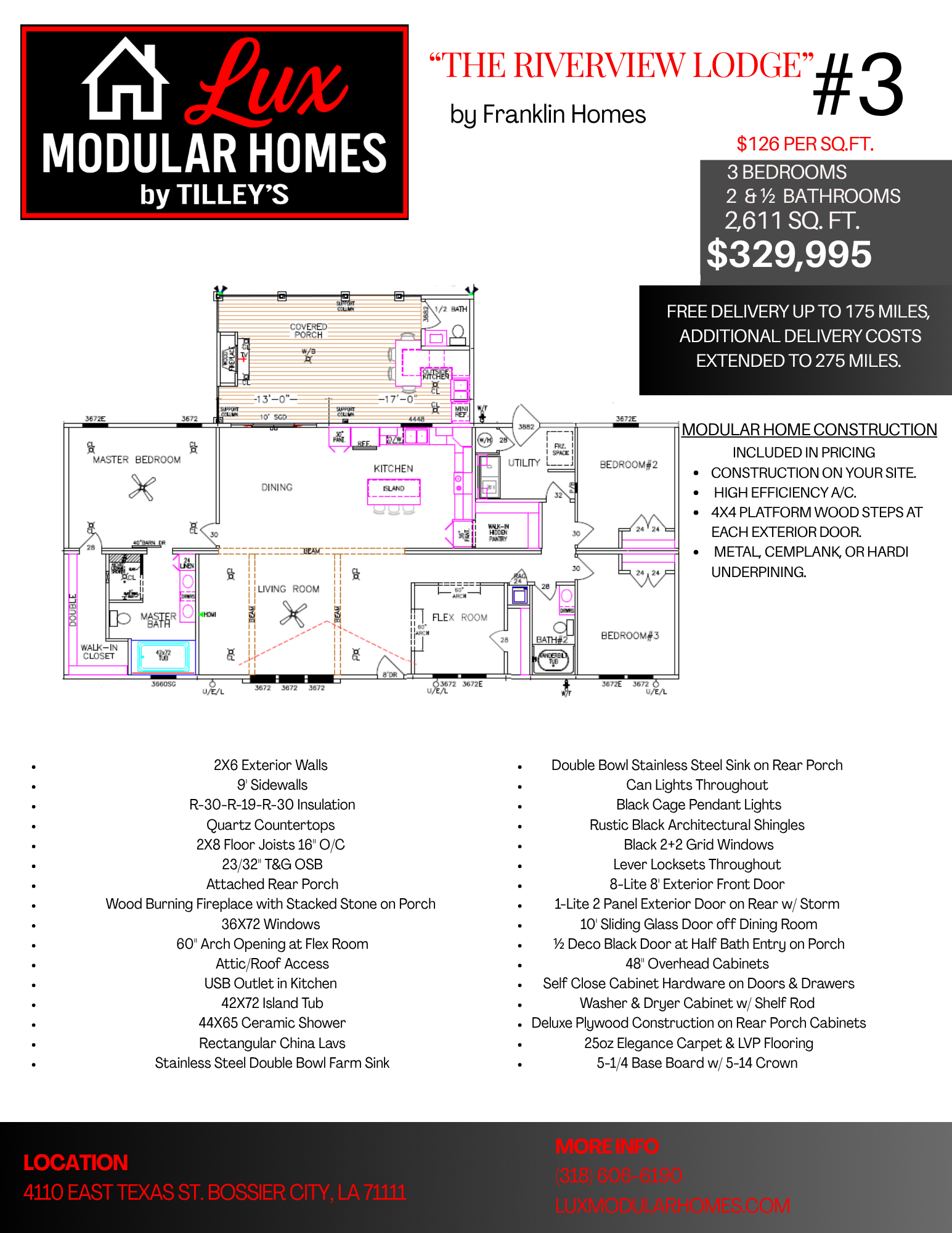 Lux Modular Homes brochure page showing house floor plan and pricing details