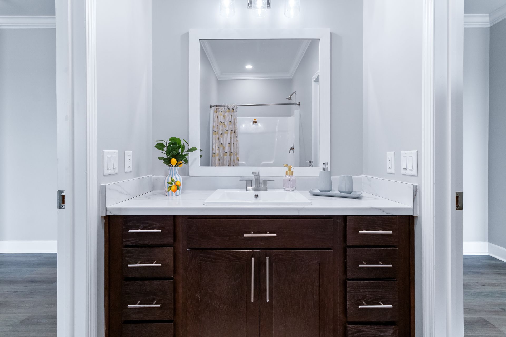 Modern bathroom vanity with dark wood cabinets, white countertop, mirror, and small plant centerpiece