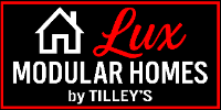 Lux Modular Homes by Tilley's logo with red script on black background, white house icon and border
