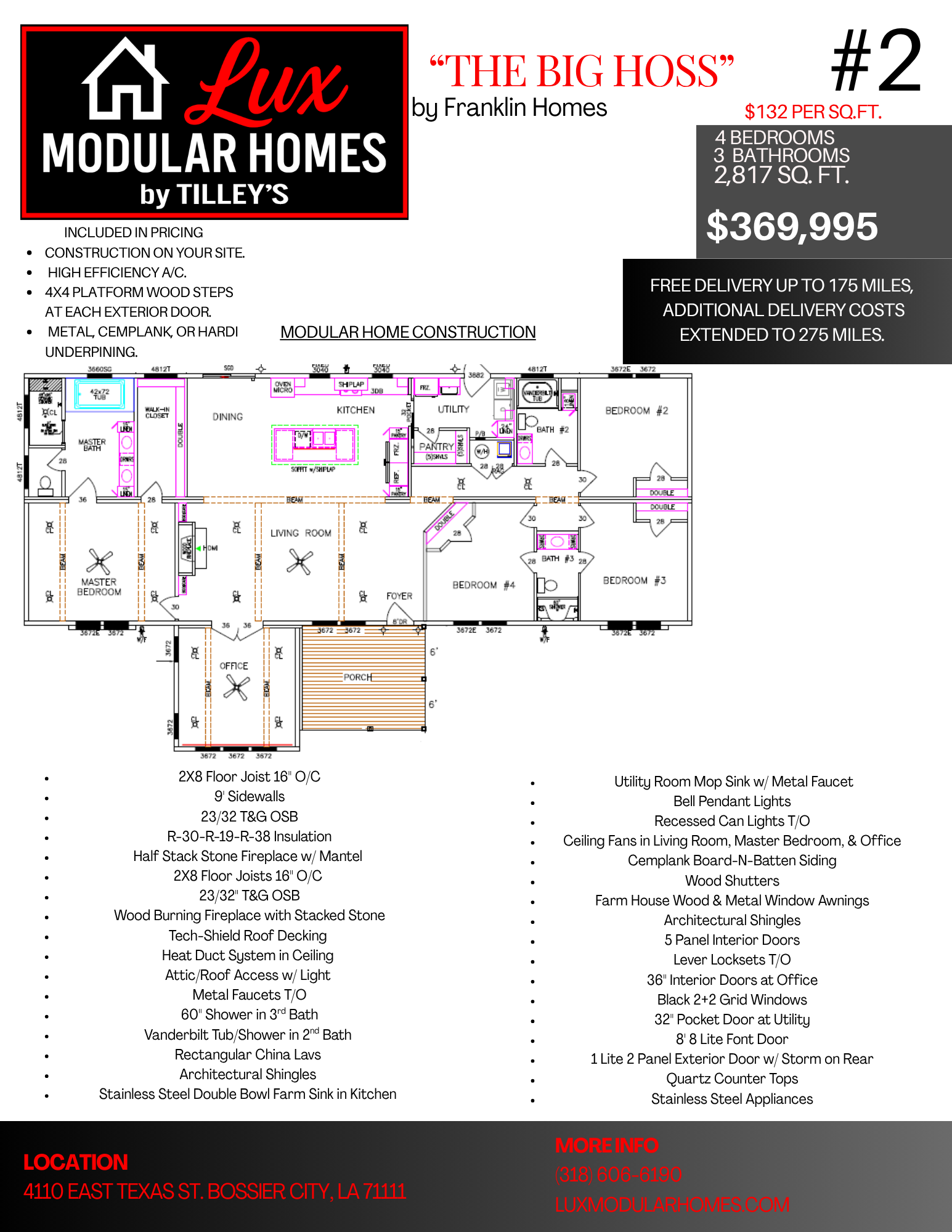 Modular home floor plan brochure with black, red, and white branding and layout drawings