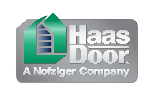 Haas Door logo with green house icon and gray text, “A Nofziger Company”