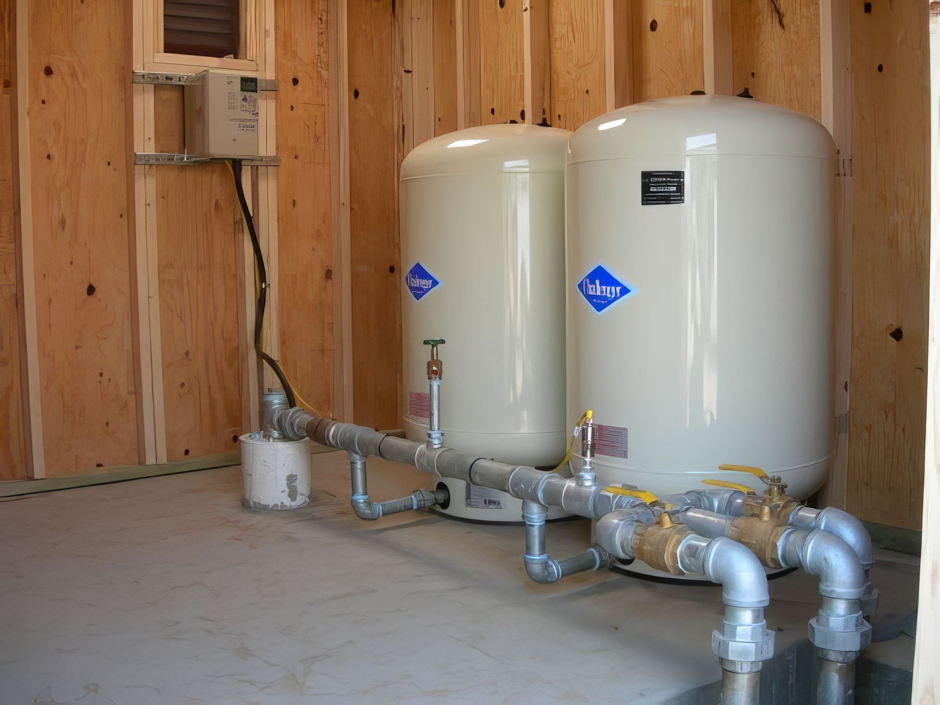 Two beige water heaters with pipes in an unfinished wooden basement