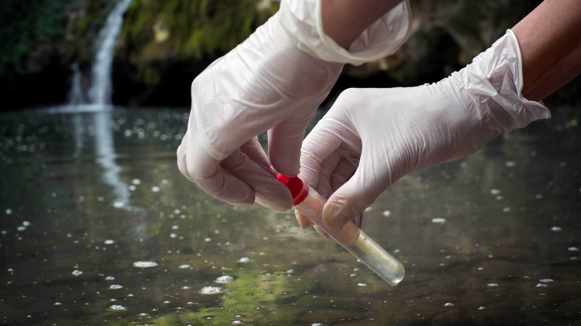 Gloved hands hold a test tube collecting water from a stream near a waterfall