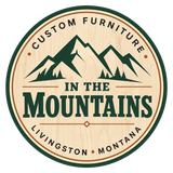 Circular logo for Custom Furniture in the Mountains, Livingston, Montana, with mountain illustration in green and tan.