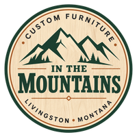 Circular logo for Custom Furniture in the Mountains, Livingston, Montana, with mountain illustration in green and tan.