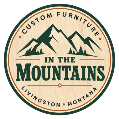 Circular logo for Custom Furniture in the Mountains, Livingston, Montana, with mountain illustration in green and tan.
