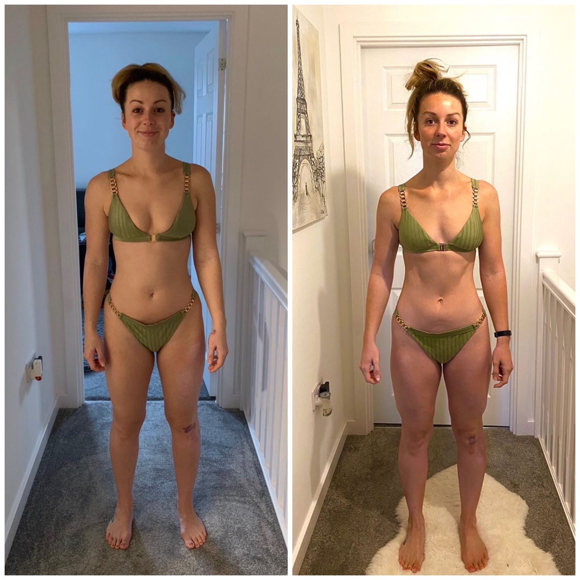 Side-by-side comparison of a person in a bikini. One is standing in a hallway. The second is standing in the same spot with a more toned physique.