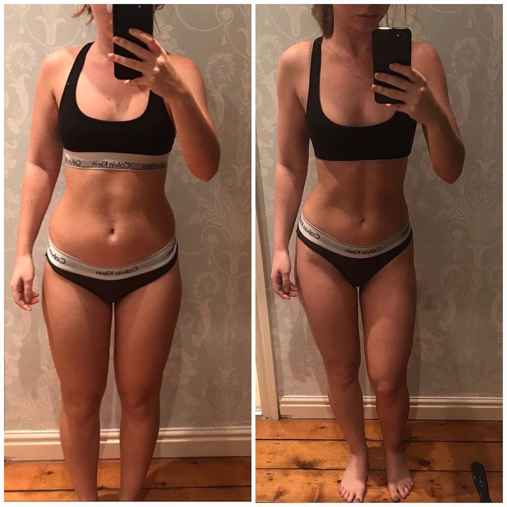 Side-by-side photos of a person in underwear and a sports bra, showing weight loss transformation.