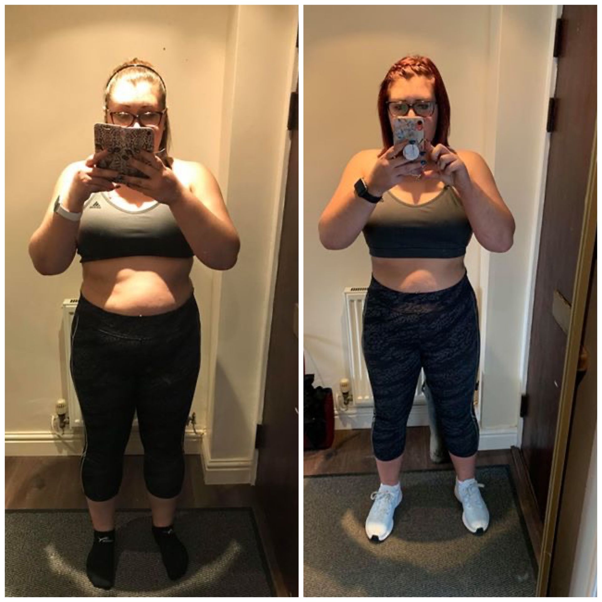 Side-by-side comparison of a person; before and after weight loss. Showing slimmer physique and wearing workout clothes.