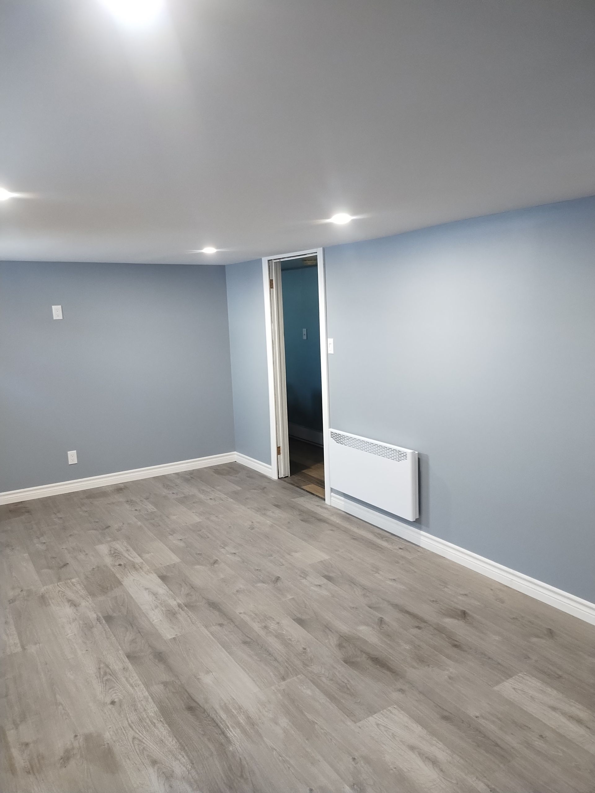 Empty room with light blue walls and hardwood floors.
