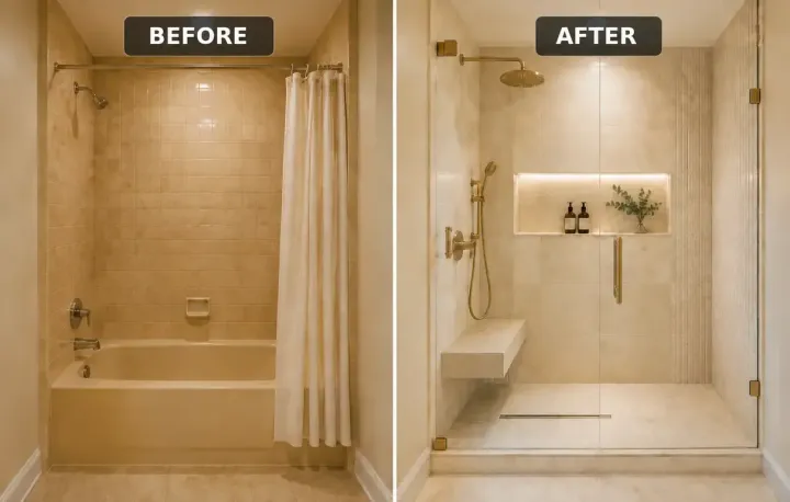 Before and after luxury tub-to-shower conversion in Deltona, FL.