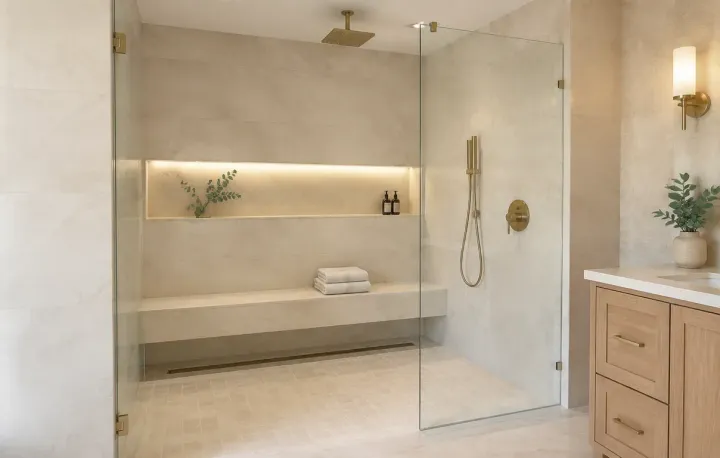 Luxury walk-in shower remodel with frameless glass and built-in bench in Deltona, FL