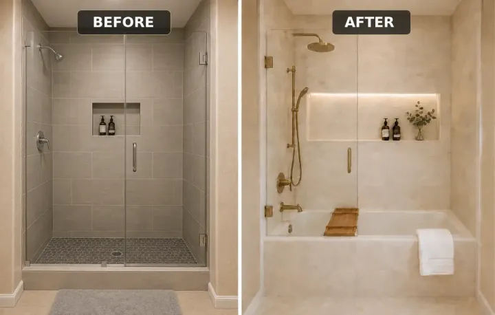 Before and after shower-to-tub conversion in Deltona, FL.