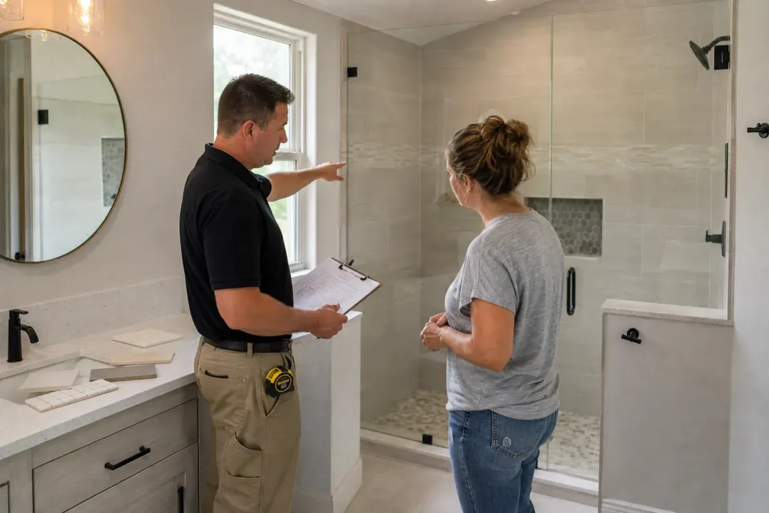 Bathroom remodeler discussing a shower renovation with a homeowner in Deltona, FL
