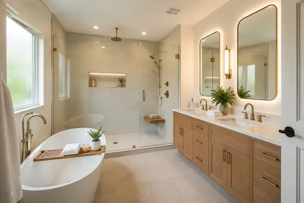 Luxury bathroom remodel with a walk-in shower, soaking tub and double vanity in Deltona, FL