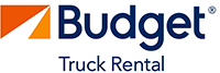 The budget truck rental logo is blue and orange on a white background.