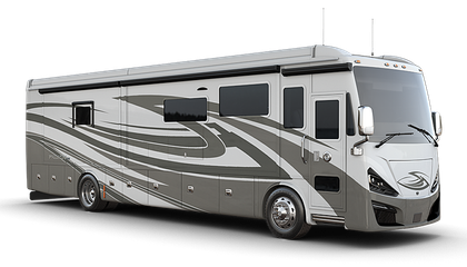 A large white and gray rv is parked on a white background.