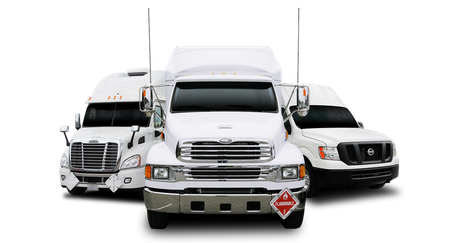 Three white trucks are parked next to each other on a white background.
