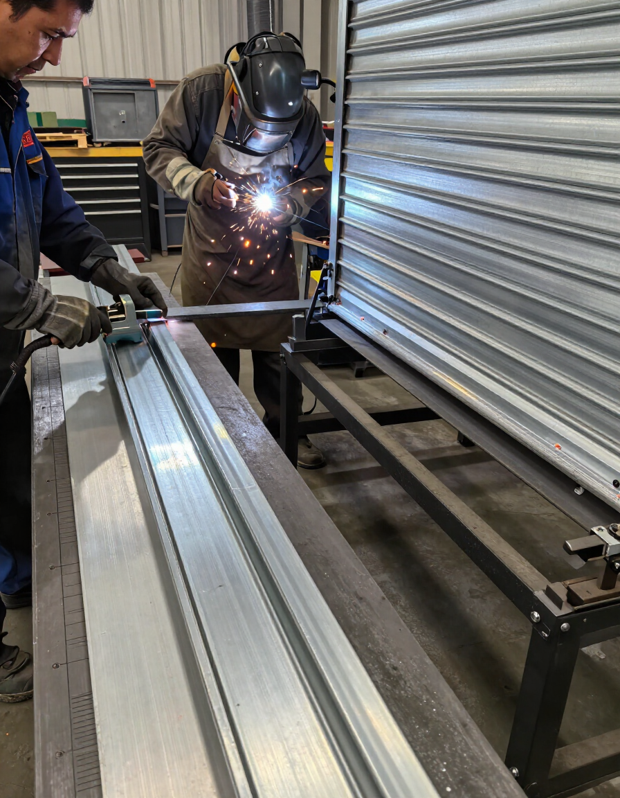 Trabajadores soldando vigas metálicas junto a una puerta enrollable cerrada en un taller industrial.