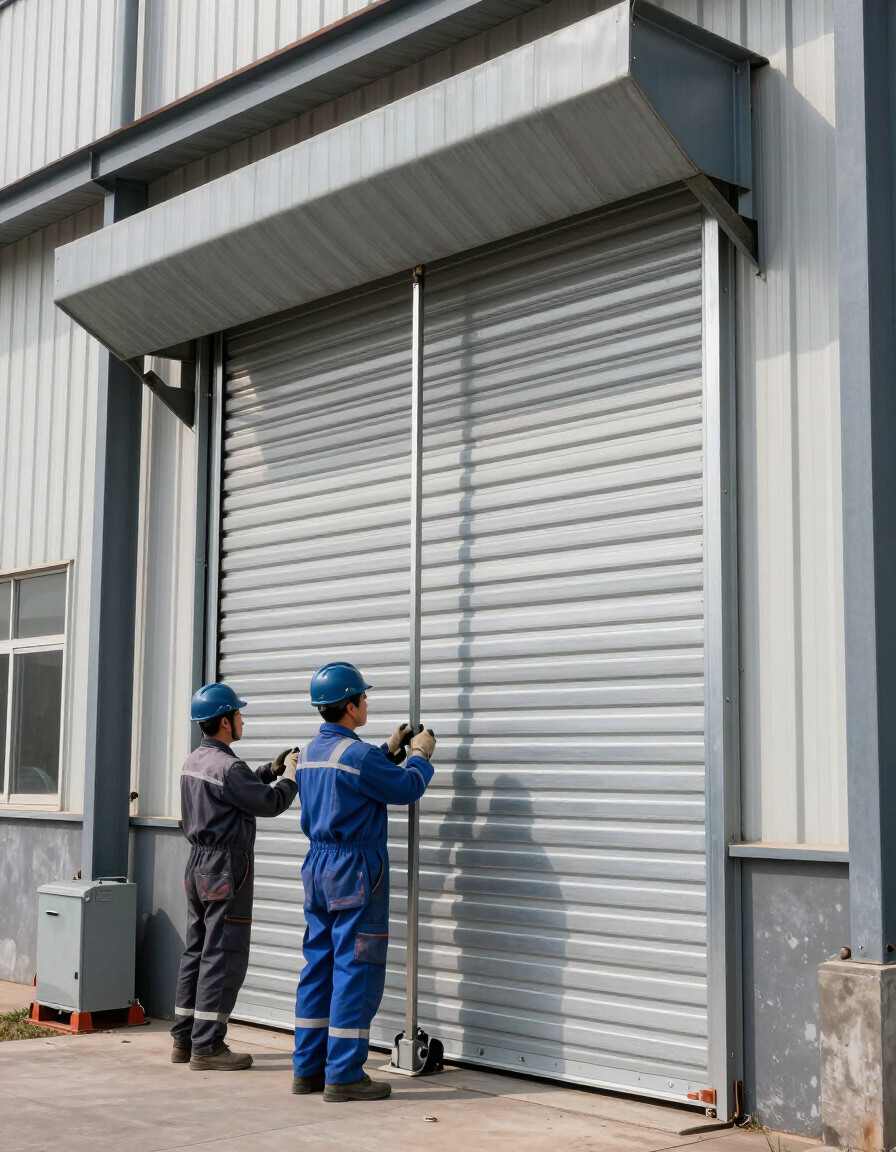 Dos trabajadores con monos azules cierran una gran puerta enrollable industrial gris.