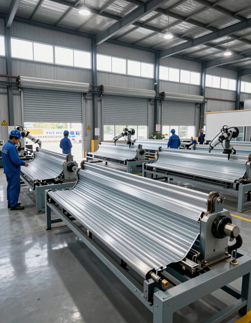 Trabajadores inspeccionando grandes rodillos para chapa metálica en un taller de fábrica.