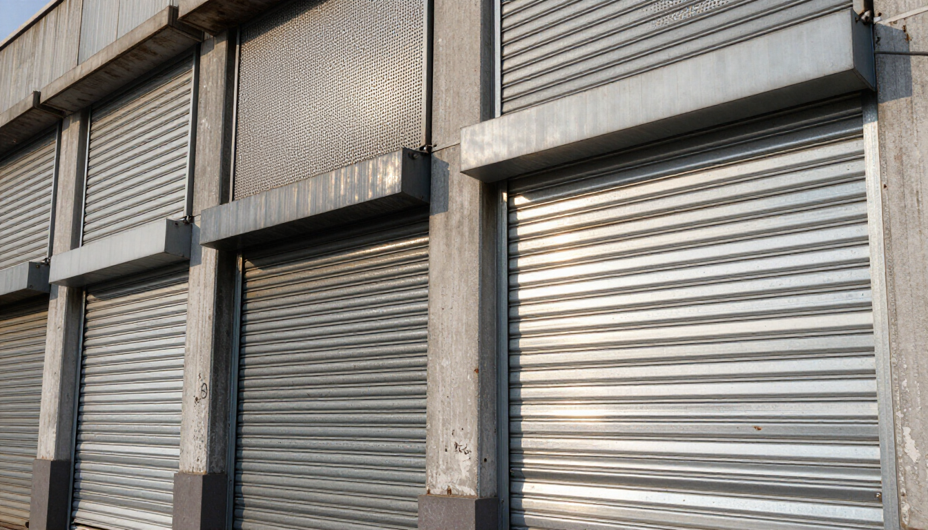 Hilera de persianas metálicas enrollables cerradas en la fachada de un edificio industrial gris.