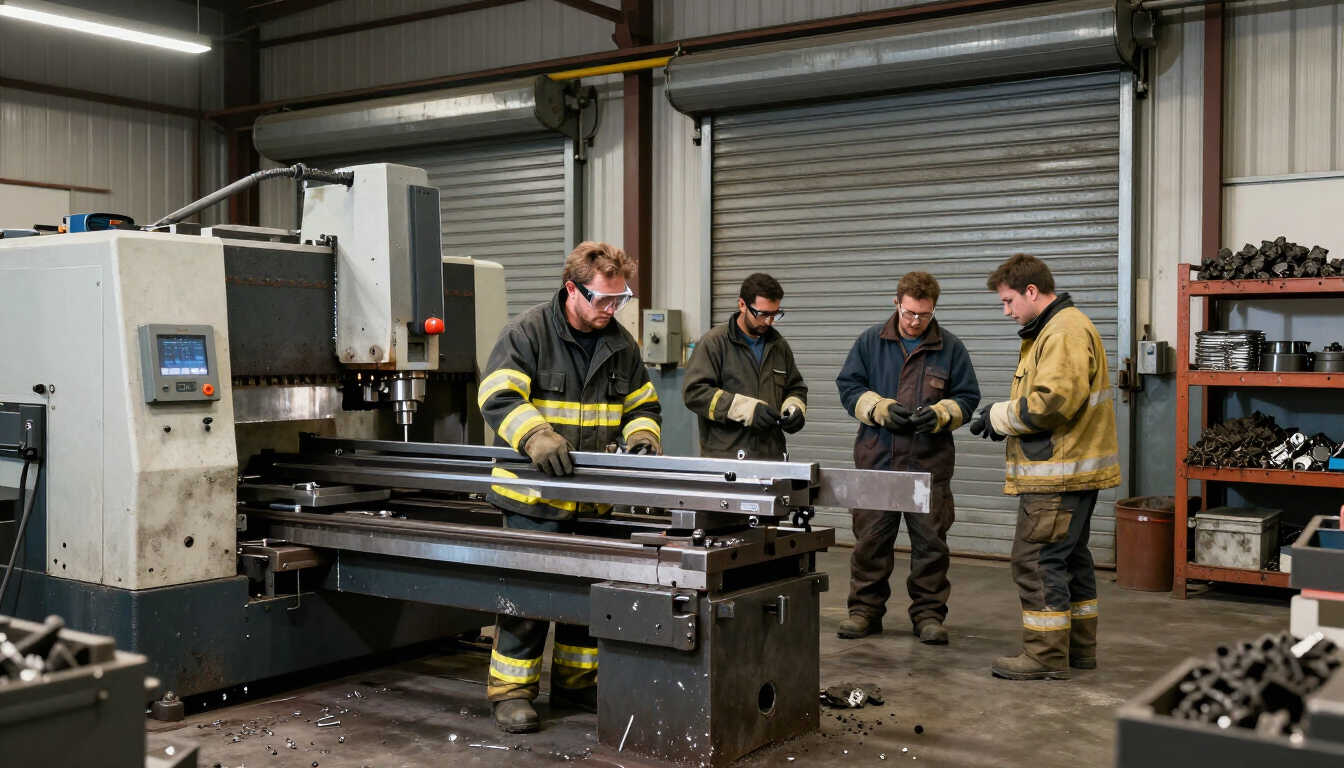 En un taller, los trabajadores se reunieron alrededor de una gran máquina industrial para inspeccionar las piezas
