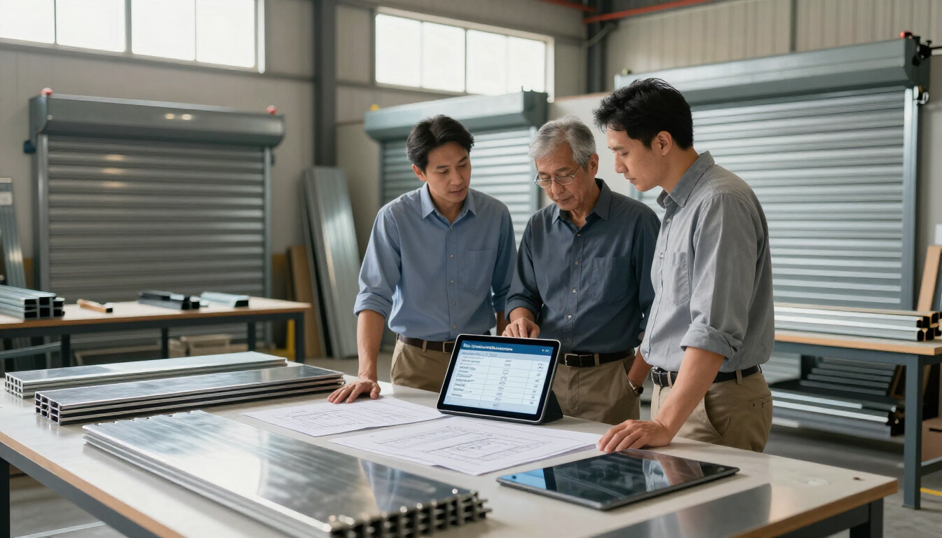 Tres personas revisando diseños en una tableta en un taller industrial luminoso.