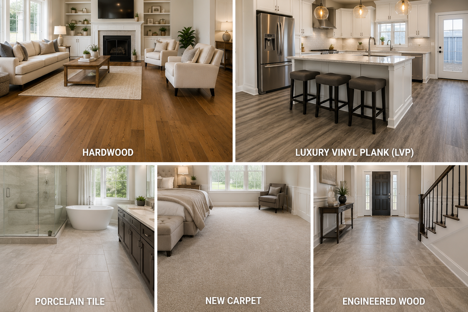 Flooring options collage showing hardwood, luxury vinyl plank, porcelain tile, carpet, and engineered wood interiors