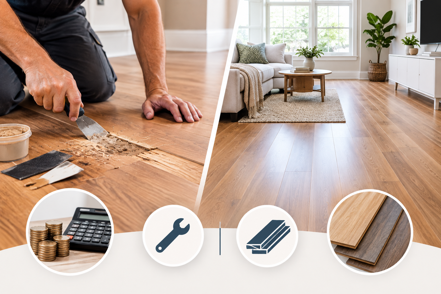 Person installing hardwood flooring in a bright living room with tools and wood planks.
