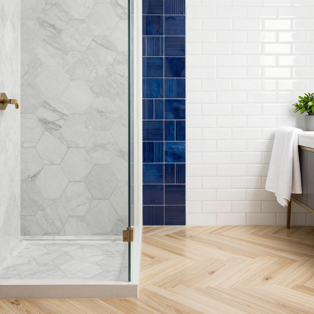 Modern bathroom with a glass shower, blue tile accent, white subway tile, and herringbone wood floor