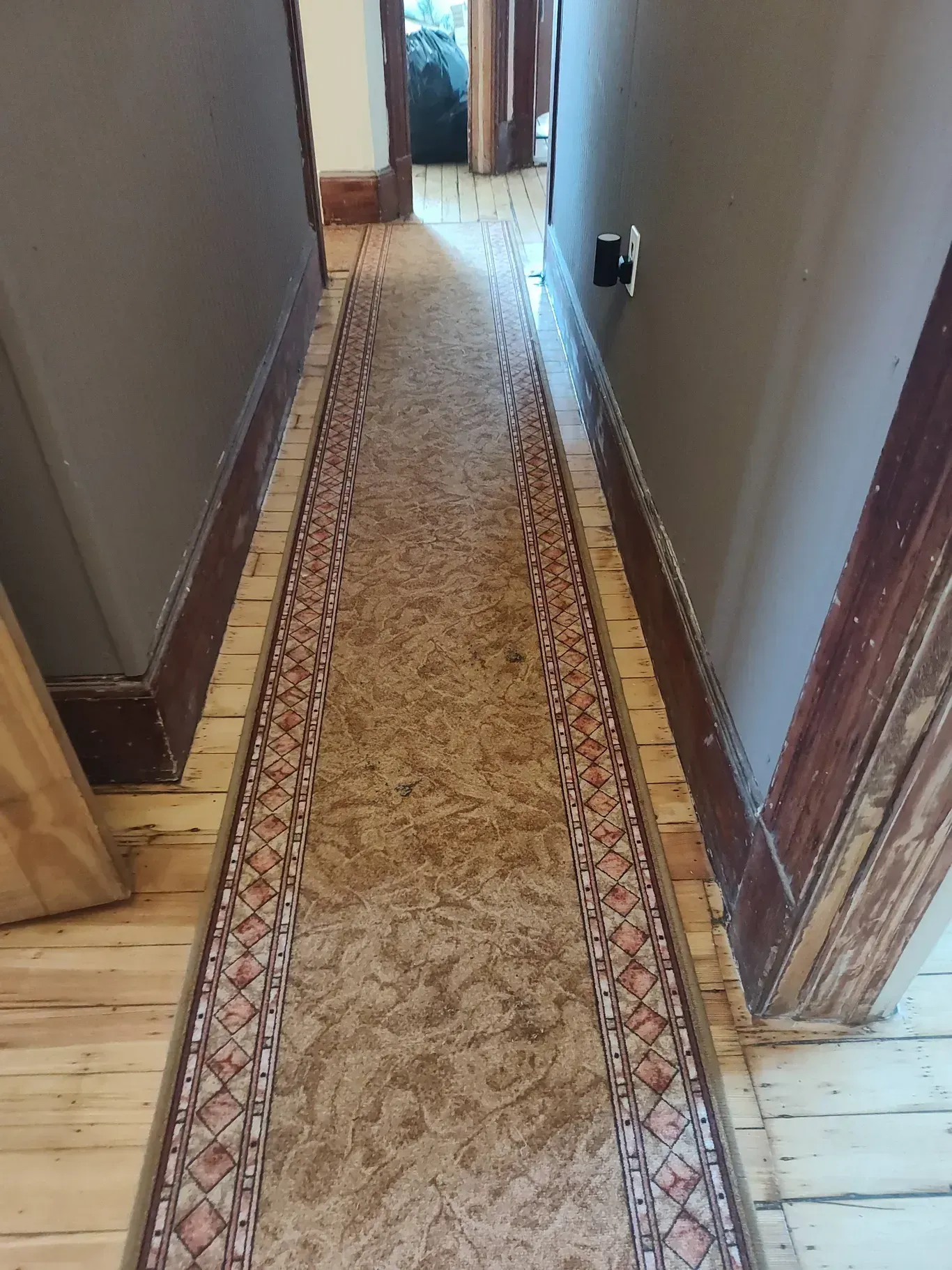 A long hallway with hardwood floors and a patterned runner rug between two dark-painted walls.