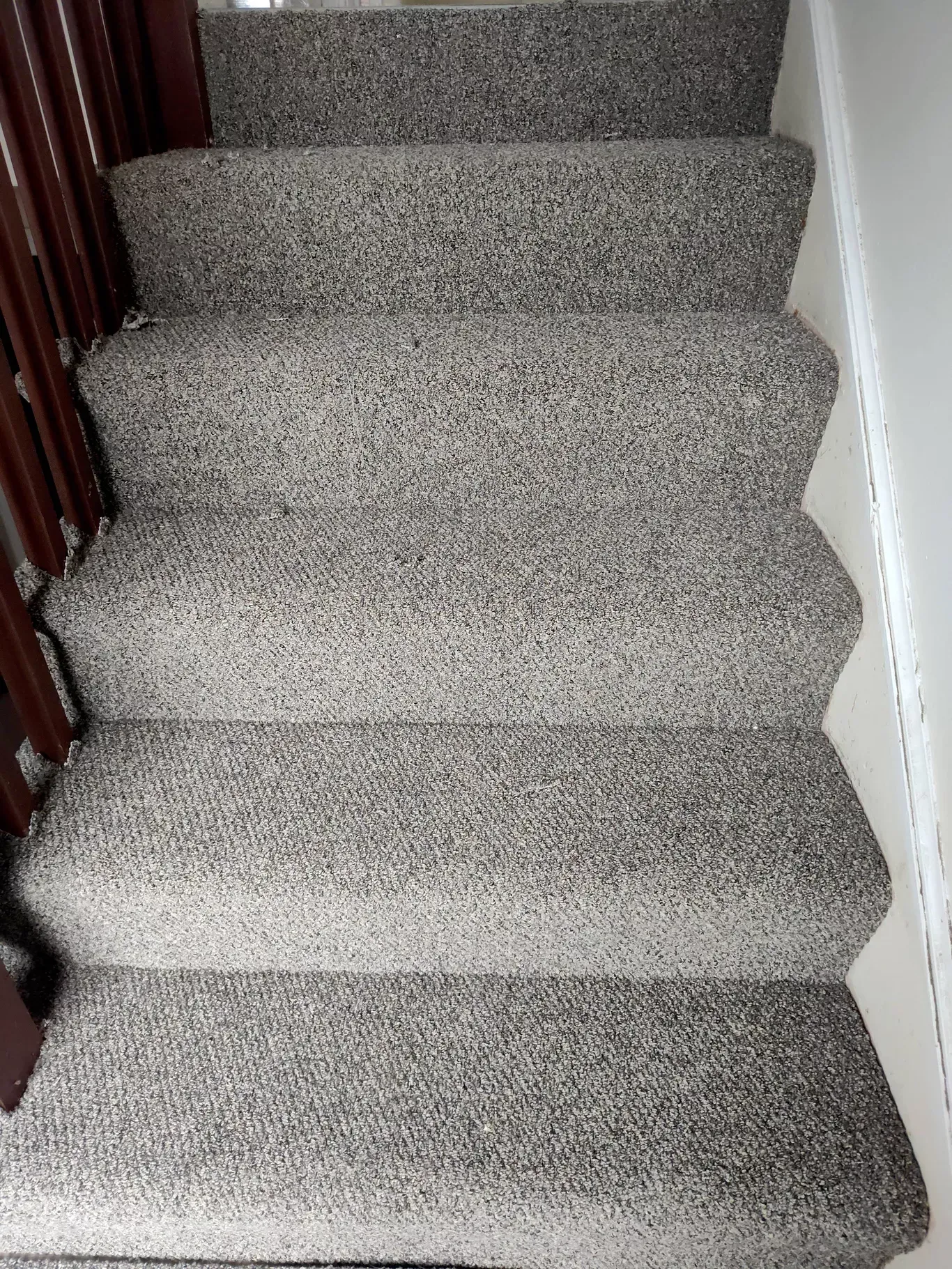 A carpeted staircase with light gray, black, and white speckled patterns, featuring a dark wood railing on the left.