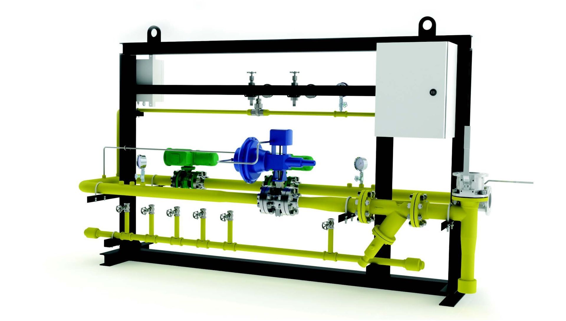 A 3d model of a machine with a lot of pipes and valves.