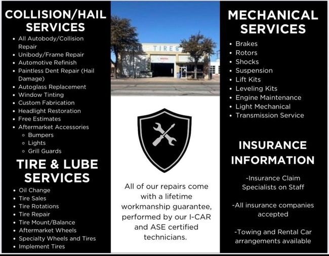 A brochure for collision / hail services tire & lube services and mechanical services