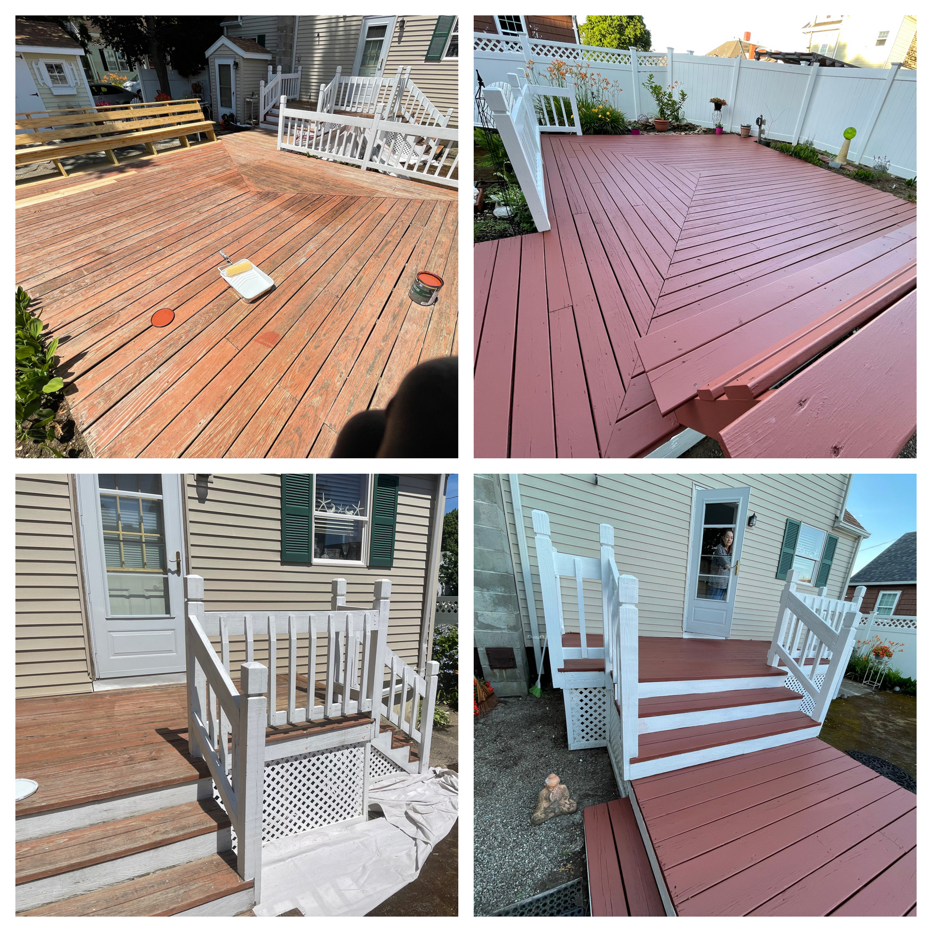 Deck renovation collage showing weathered and freshly painted wooden porch floors and railings.